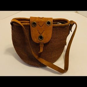 Sisal Rattan Woven Purse, Embossed Leather closure, handcarved wood